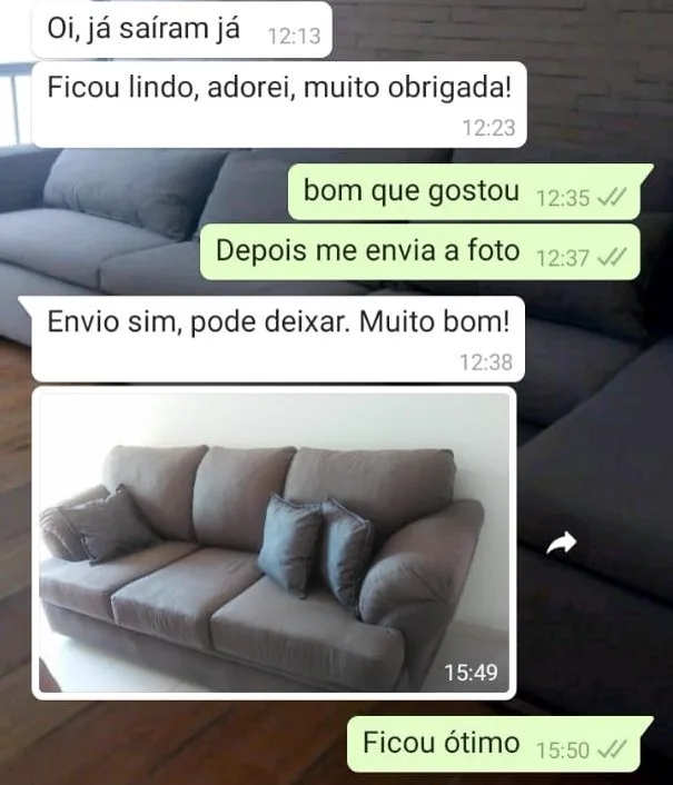 Depoimento de cliente no WhatsApp: ficou lindo, adorei, muito obrigada